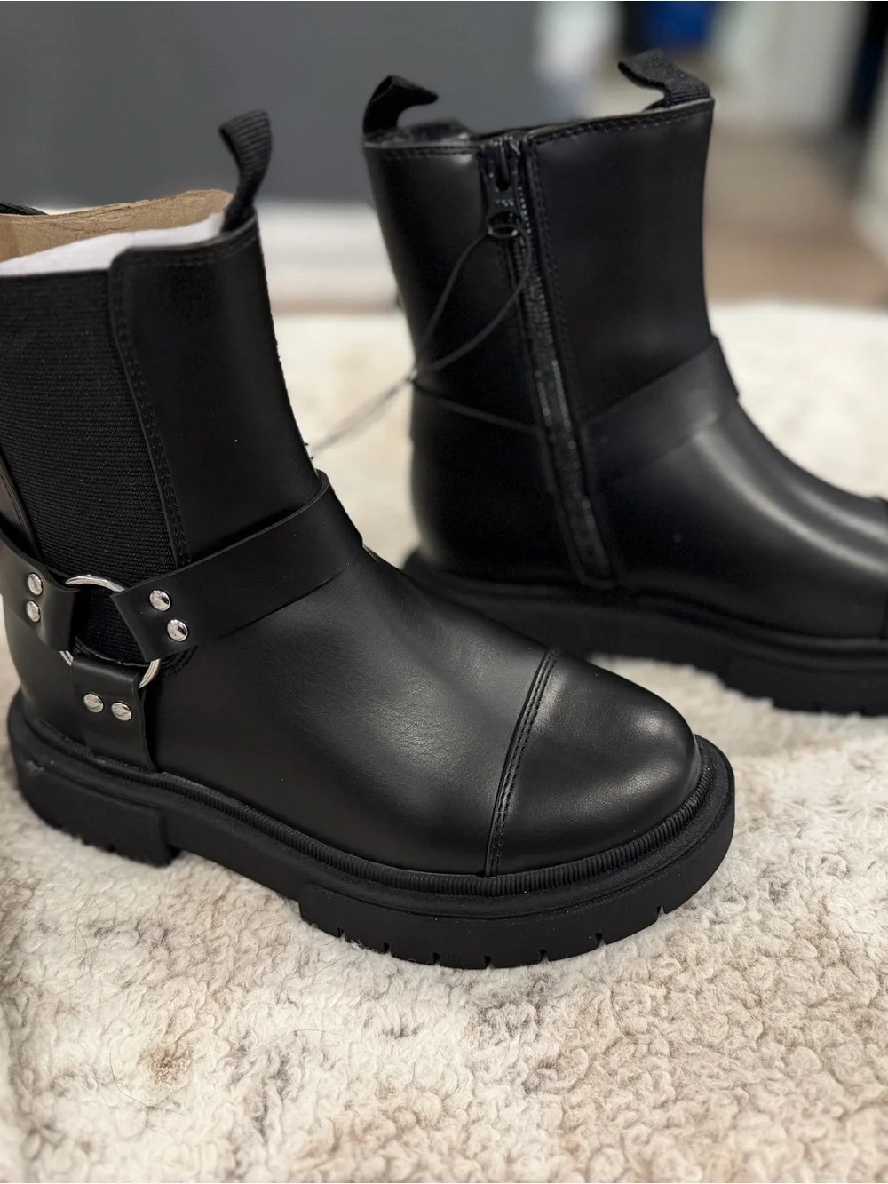 art class Black Leather Moto Combat Boots with Harness Strap